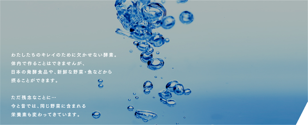 わたしたちのキレイのために欠かせない酵素体内で作ることはできませんが、日本の発酵食品や野菜、魚などから摂ることができます。ただ残念なことに…今と昔では、同じ野菜に含まれる栄養素も変わってきています。